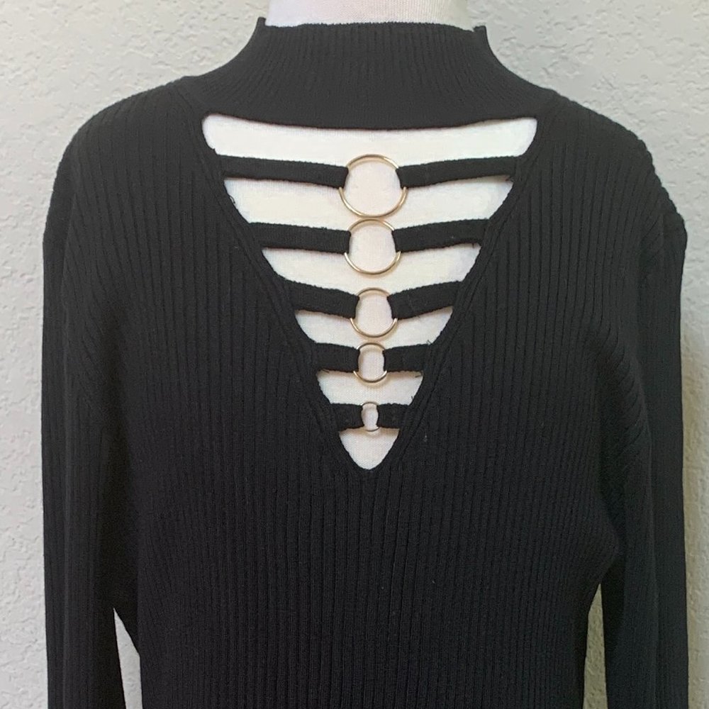 Say What Women size 2X Black Ribbed Knit Wrap Dress Choker  V Neck